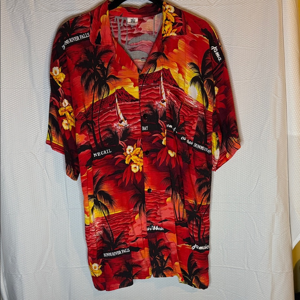 Jamaica Jaxx Red and Yellow Tropical Shirt Made in Jamaica Size Large